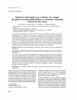 Síndrome Hemorrágico Por Contacto Con Orugas Del Género Lonomia (Saturniidae) En Casanare, Colombia: Informe De Dos Casos