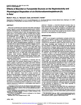 Effects of Mannitol Or Furosemide Diuresis on the Nephrotoxicity and Physiological Dispositionof Cis-Dichlorodiammineplatinum-(Ll) in Rats1