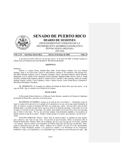Senado De Puerto Rico Diario De Sesiones Procedimientos Y Debates De La Decimoquinta Asamblea Legislativa Septima Sesion Ordinaria Año 2008 Vol