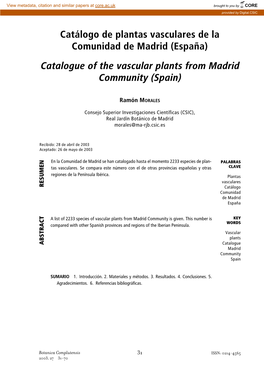 Catálogo De Plantas Vasculares De La Comunidad De Madrid (España) Catalogue of the Vascular Plants from Madrid Community (Spain)