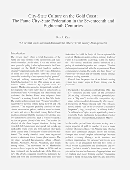 City-State Culture on the Gold Coast: the Fante City-State Federation in the Seventeenth and Eighteenth Centuries