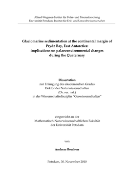 Glaciomarine Sedimentation at the Continental Margin of Prydz Bay, East Antarctica: Implications on Palaeoenvironmental Changes During the Quaternary