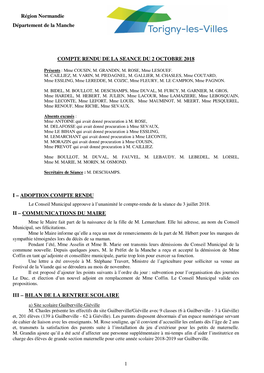 1 Région Normandie Département De La Manche COMPTE RENDU DE LA SEANCE DU 2 OCTOBRE 2018 I