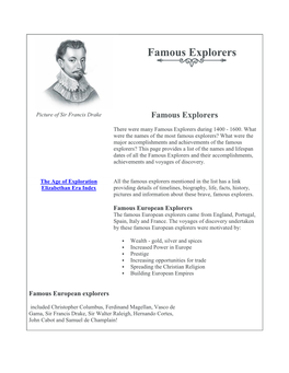 Famous European Explorers the Famous European Explorers Came from England, Portugal, Spain, Italy and France