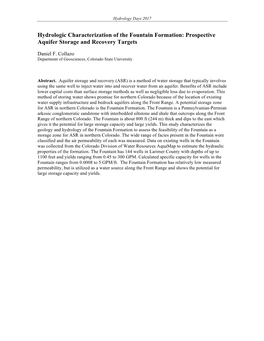 Hydrologic Characterization of the Fountain Formation: Prospective Aquifer Storage and Recovery Targets