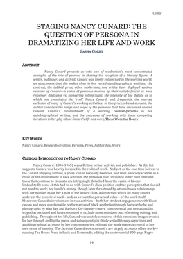 Staging Nancy Cunard: the Question of Persona in Dramatizing Her Life and Work