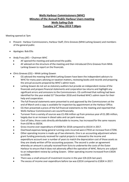 Wells Harbour Commissioners (WHC) Minutes of the Annual Public Harbour Users Meeting Wells Sailing Club Tuesday 14Th May 2019 7.00Pm