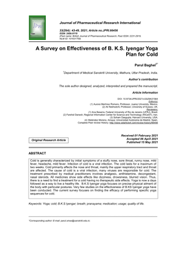 A Survey on Effectiveness of B. K.S. Iyengar Yoga Plan for Cold