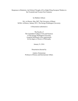 Responses to Modernity: the Political Thought of Five Right-Wing European Thinkers in the Twentieth and Twenty-First Centuries