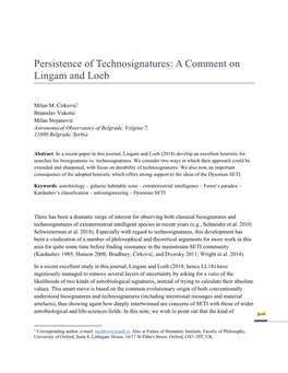 Persistence of Technosignatures: a Comment on Lingam and Loeb