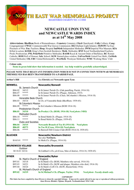 NEWCASTLE UPON TYNE and NEWCASTLE WARDS INDEX As at 14Th May 2008