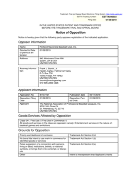 Notice of Opposition Opposer Information Applicant Information