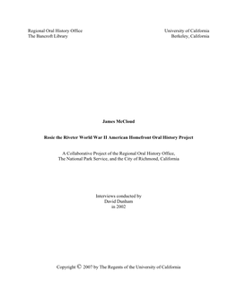Regional Oral History Office University of California the Bancroft Library Berkeley, California