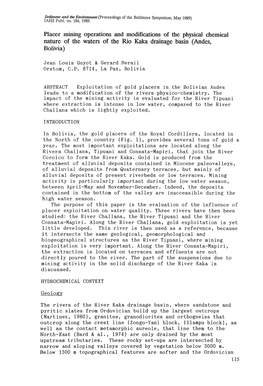 Placer Mining Operations and Modifications of the Physical Chemical Nature of the Waters of the Rio Kaka Drainage Basin (Andes, Bolivia)