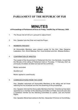 MINUTES of Proceedings of Parliament at Suva on Friday, Twelfth Day of February, 2020