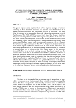 Studies on Climate Changes and Natural Resources Management: Findings and Lesson Learned from West Sumatera, Indonesia1