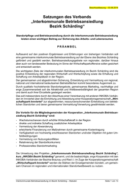 Satzungen Des Verbands „Interkommunale Betriebsansiedlung Bezirk Schärding“