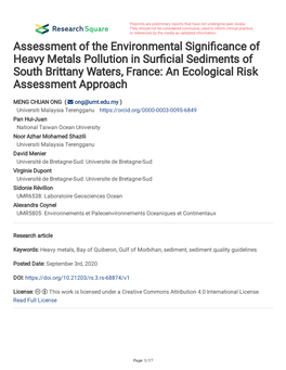 Assessment of the Environmental Signi Cance of Heavy Metals Pollution in Sur Cial Sediments of South Brittany Waters, France