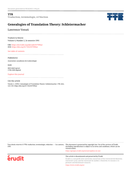 Genealogies of Translation Theory: Schleiermacher Lawrence Venuti