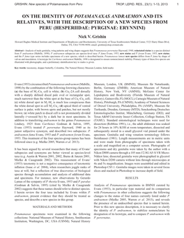 On the Identity of Potamanaxas Andraemon and Its Relatives, with the Description of a New Species from Peru (Hesperiidae: Pyrginae: Erynnini)