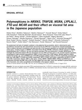 Polymorphisms in NRXN3, TFAP2B, MSRA, LYPLAL1, FTO and MC4R and Their Effect on Visceral Fat Area in the Japanese Population