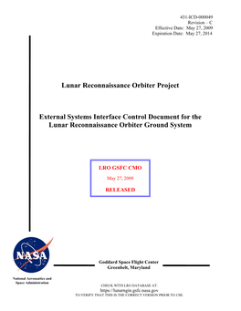 Lunar Reconnaissance Orbiter Project External Systems Interface Control Document for the Lunar Reconnaissance Orbiter Ground Sy