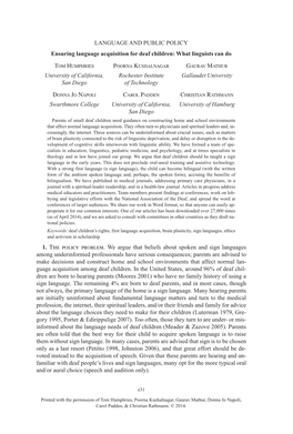 LANGUAGE and PUBLIC POLICY Ensuring Language Acquisition for Deaf Children: What Linguists Can Do TOM HUMPHRIES POORNA KUSHALNAGAR GAURAV MATHUR