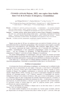 Cicindela Sylvicola Dejean, 1822, Une Espèce Bien Établie Dans L'est De La France (Coleoptera, Cicindelidae)