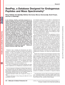 Swepep, a Database Designed for Endogenous Peptides and Mass Spectrometry*