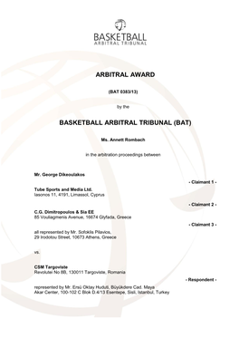 Arbitral Award Basketball Arbitral Tribunal (Bat)