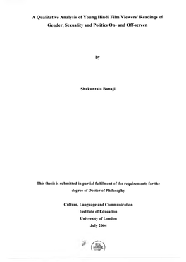 A Qualitative Analysis of Young Hindi Film Viewers' Readings of Gender, Sexuality and Politics On- and Off-Screen