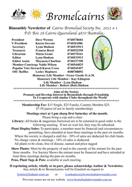 Bromelcairns Bimonthly Newsletter of Cairns Bromeliad Societ Inc