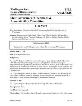 HB 2587 Brief Description: Designating the Lady Washington As the Official Ship of the State of Washington