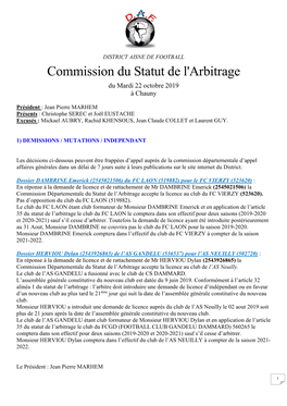 Commission Du Statut De L'arbitrage Du Mardi 22 Octobre 2019 À Chauny
