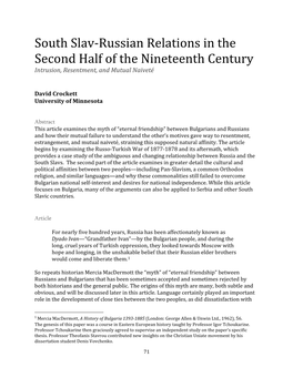 South Slav-Russian Relations in the Second Half of the Nineteenth Century Intrusion, Resentment, and Mutual Naiveté