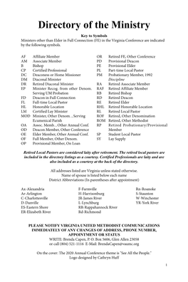 Directory of the Ministry Key to Symbols Ministers Other Than Elder in Full Connection (FE) in the Virginia Conference Are Indicated by the Following Symbols