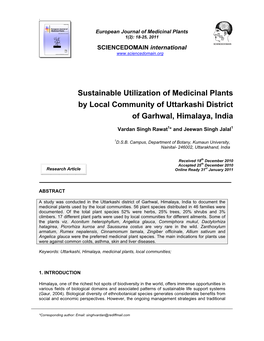 Sustainable Utilization of Medicinal Plants by Local Community of Uttarkashi District of Garhwal, Himalaya, India