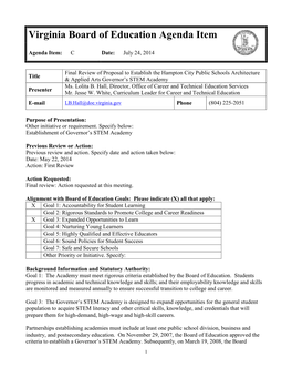 Final Review of Proposal to Establish the Hampton City Public Schools Architecture Title & Applied Arts Governor’S STEM Academy Ms