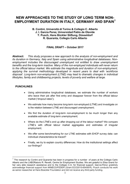 New Approaches to the Study of Long Term Non- Employment Duration in Italy, Germany and Spain1