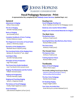 Vocal Pedagogy Resources - Print a Representative List, Compiled by the Peabody Career Services, Updated Sept