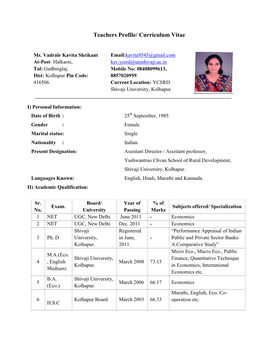 Teachers Profile/ Curriculum Vitae