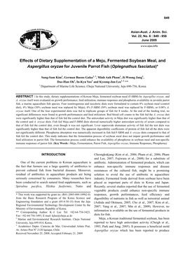 Effects of Dietary Supplementation of a Meju, Fermented Soybean Meal, and Aspergillus Oryzae for Juvenile Parrot Fish (Oplegnathus Fasciatus)*