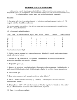 Restriction Analysis of Plasmid DNA