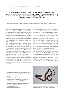 A New Southern-Most Record of the Sonoran Coralsnake, Micruroides Euryxanthus Kennicott, 1860, (Squamata: Elapidae) from the State of Jalisco, Mexico