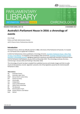 Australia's Parliament House in 2016: a Chronology of Events