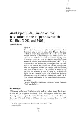 Azerbaijani Elite Opinion on the Resolution of the Nagorno-Karabakh Conflict (1991 and 2002)