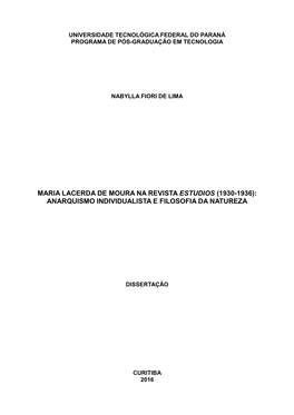 Maria Lacerda De Moura Na Revista Estudios (1930-1936): Anarquismo Individualista E Filosofia Da Natureza