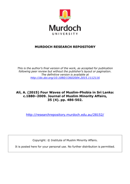 Four Waves of Muslim-Phobia in Sri Lanka: C. 1880–2009