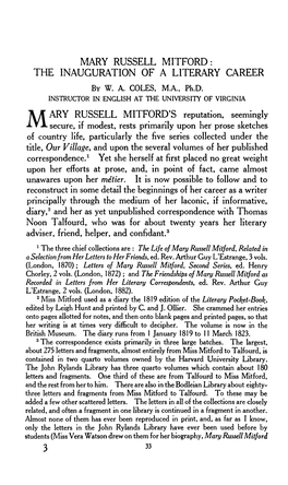 Mary Russell Mitford: the Inauguration of a Literary Career by W