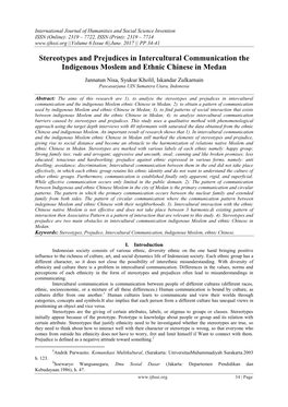 Stereotypes and Prejudices in Intercultural Communication the Indigenous Moslem and Ethnic Chinese in Medan